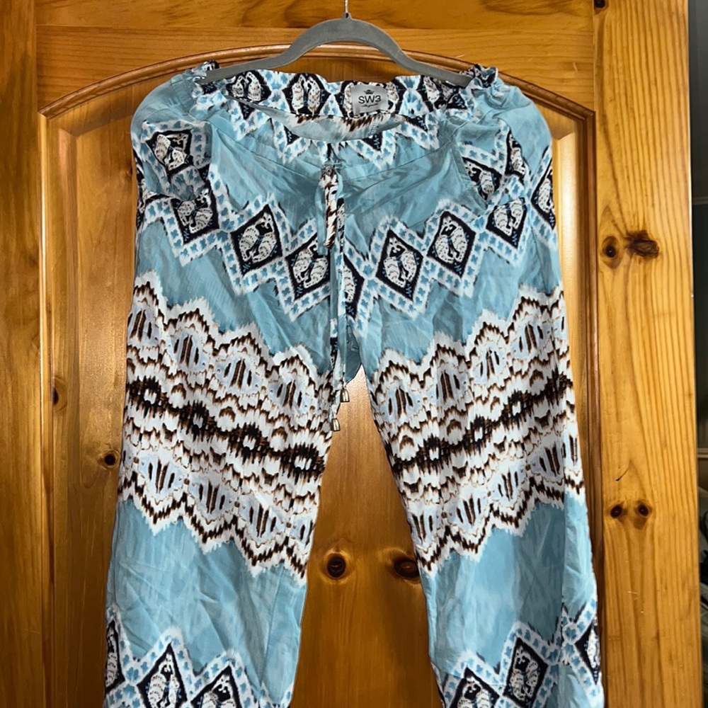 SW3 UK Bespoke 100% Silk Wide-leg Pants Drawstring with Pockets Size Small USA